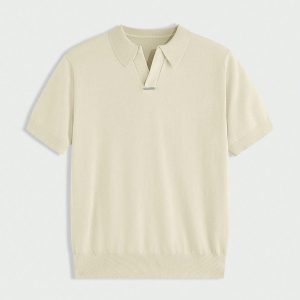 men's knitted v neck polo shirt with collar cream/beige